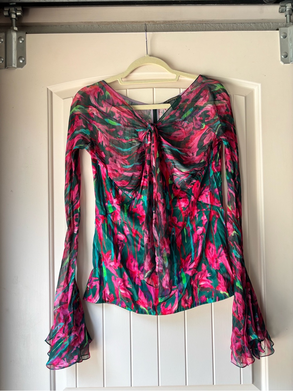 Zac Posen Pink & Green Sheer Floral Twist-Front Blouse